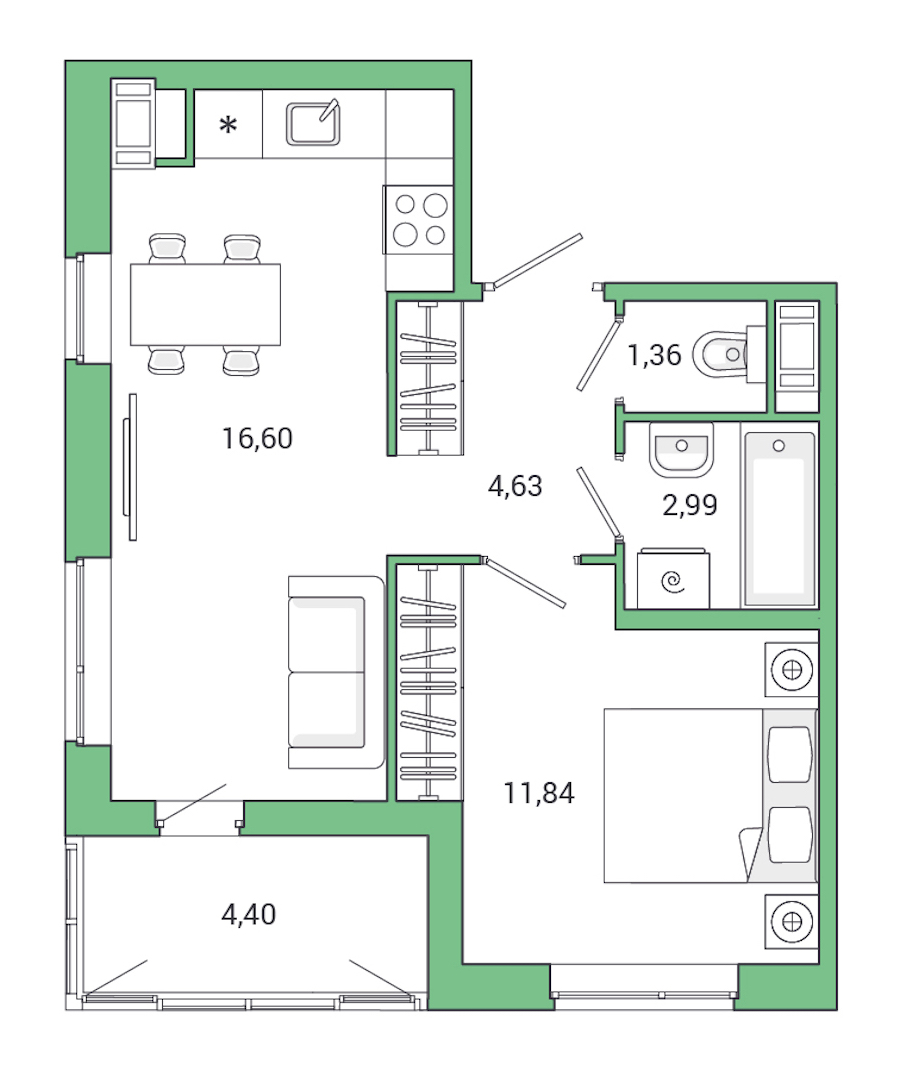 1-комнатная квартира 41.82 м², 1/7 эт., ЖК «Jaanila Drive»
